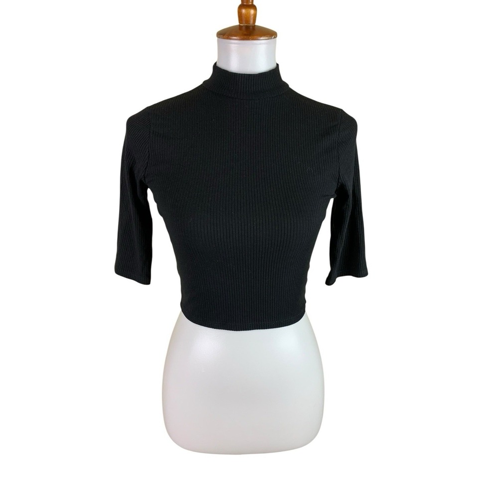 Reformation Black Ribbed Mock Neck‎ Cropped Short Sleeve Knit Top Small